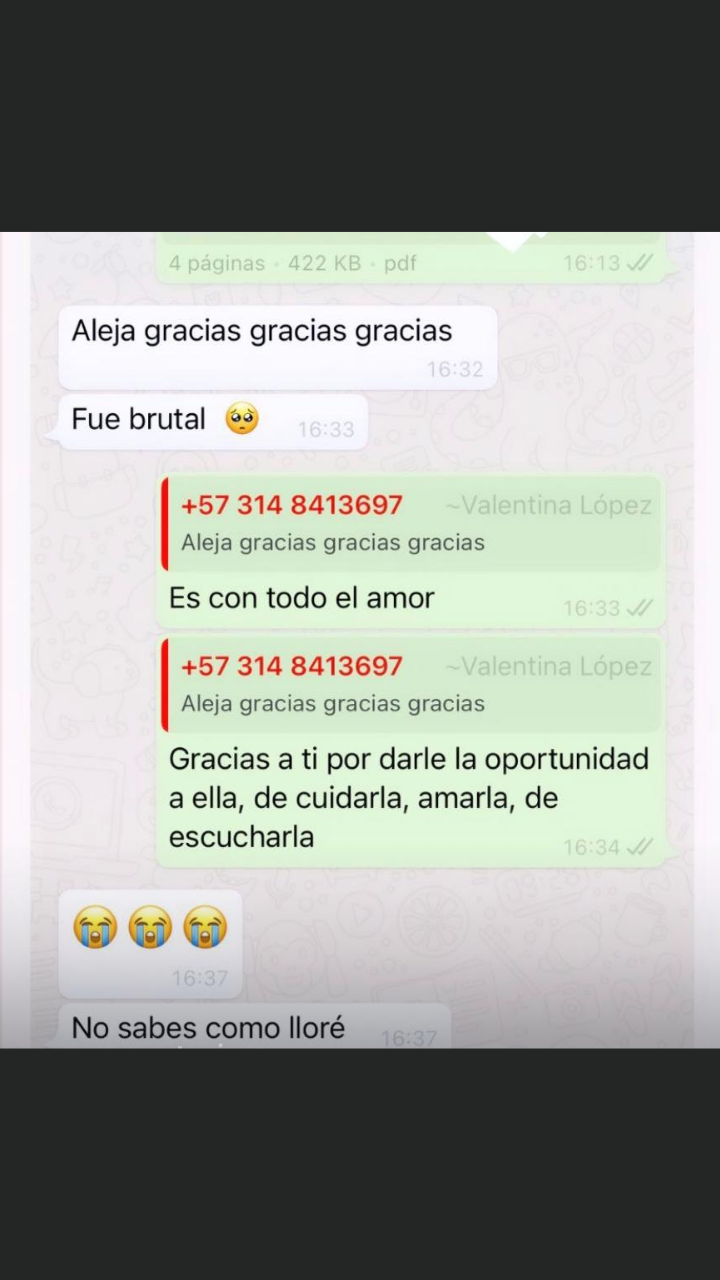 Mensaje de agradecimiento de Valentina tras su sesión de comunicación animal